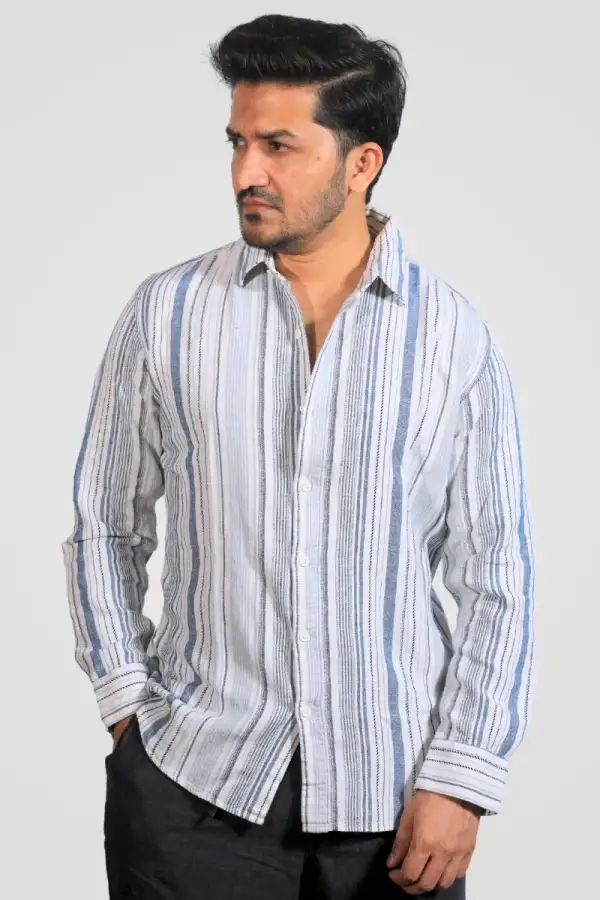 Beige White Blue Stripe Classic Fit Shirt