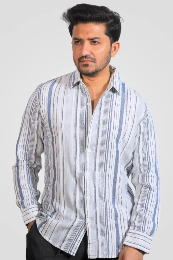 Beige White Blue Stripe Classic Fit Shirt
