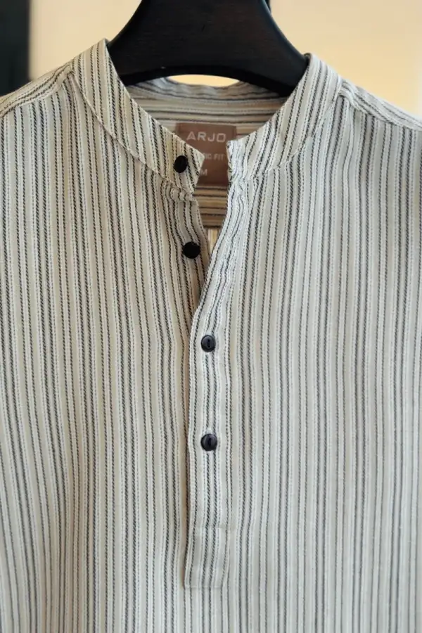 Beige Mandarin Collar Striped Casual Katua