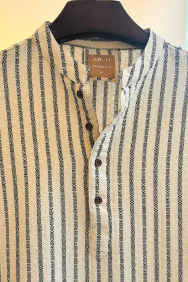 Beige & Black Striped Mandarin Collar Kurta