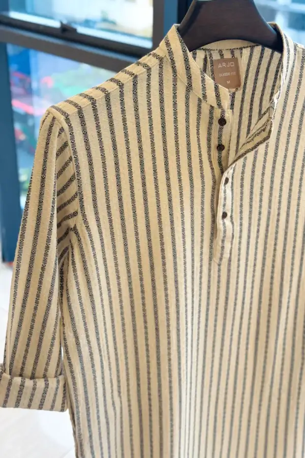 Beige & Black Striped Mandarin Collar Kurta