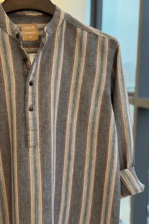 Vintage Earthy Vibe Charcoal Gray Base With Warm Beige & Muted Rust And Off-White Stripes Katua