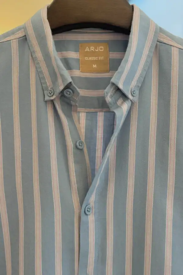 Light Blue With Pink &  Off White Striped Button Down Shirt