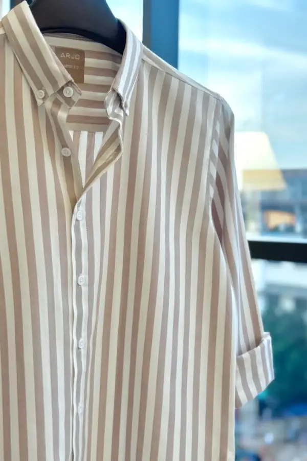 Blends The Beige-Sand Tone With The Vertical Stripe Shirt