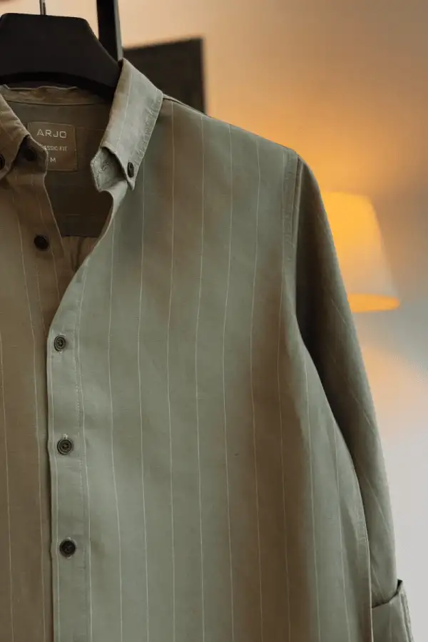 Muted Olive Green Base With Subtle Thin Vertical Pinstripes Shirt