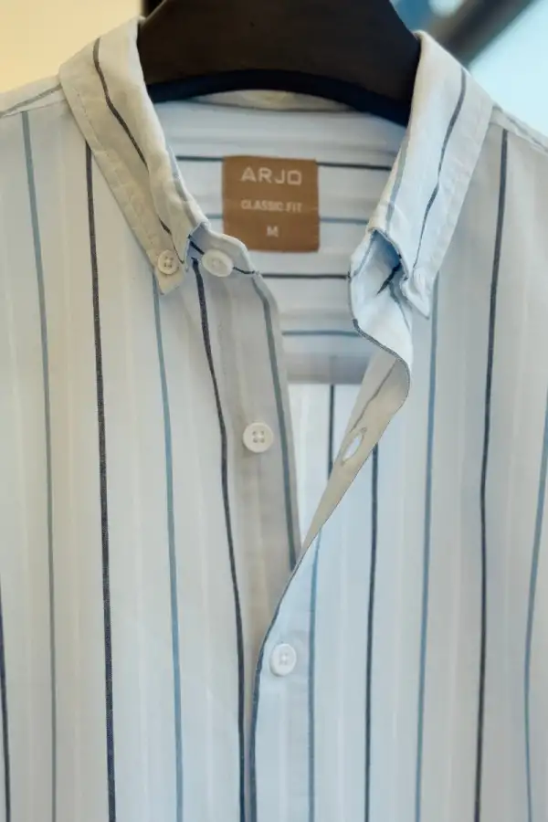 Soft Sky Blue Base With Alternating Thin Navy And Light Blue Vertical Stripes Shirt