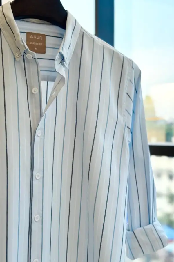 Soft Sky Blue Base With Alternating Thin Navy And Light Blue Vertical Stripes Shirt