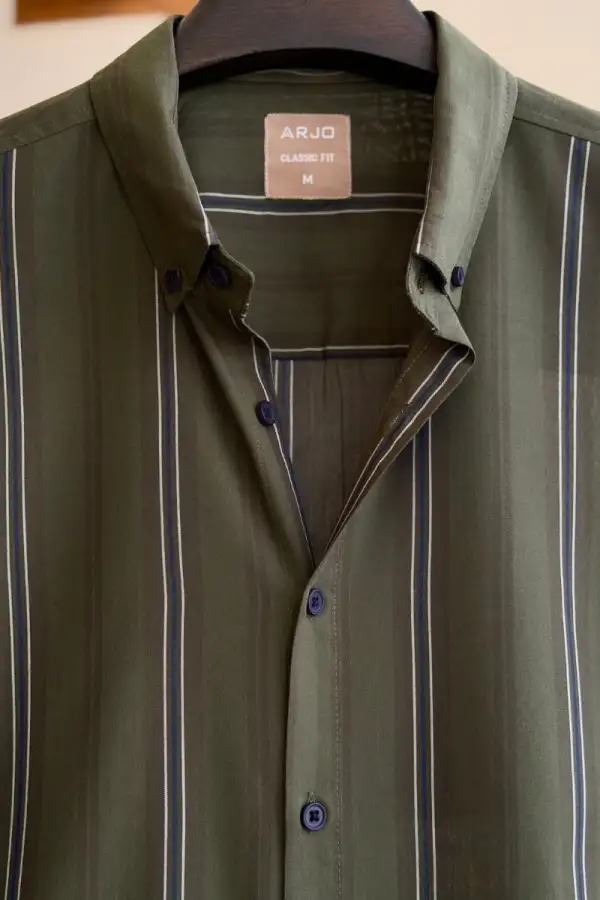 Deep Olive Green Base Fine Vertical White & Navy Stripes