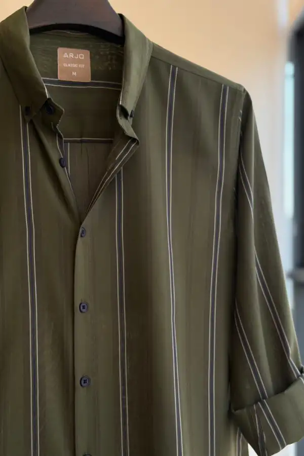 Deep Olive Green Base Fine Vertical White & Navy Stripes