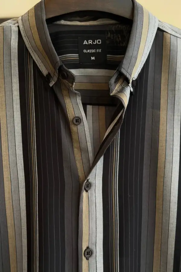 Sleek Mix of Black, Ash Grey & Muted Gold Vertical Stripes Shirt