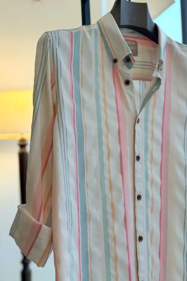 Multi-Colored Vertical Stripes On a Light Cream Base Casual Shirt