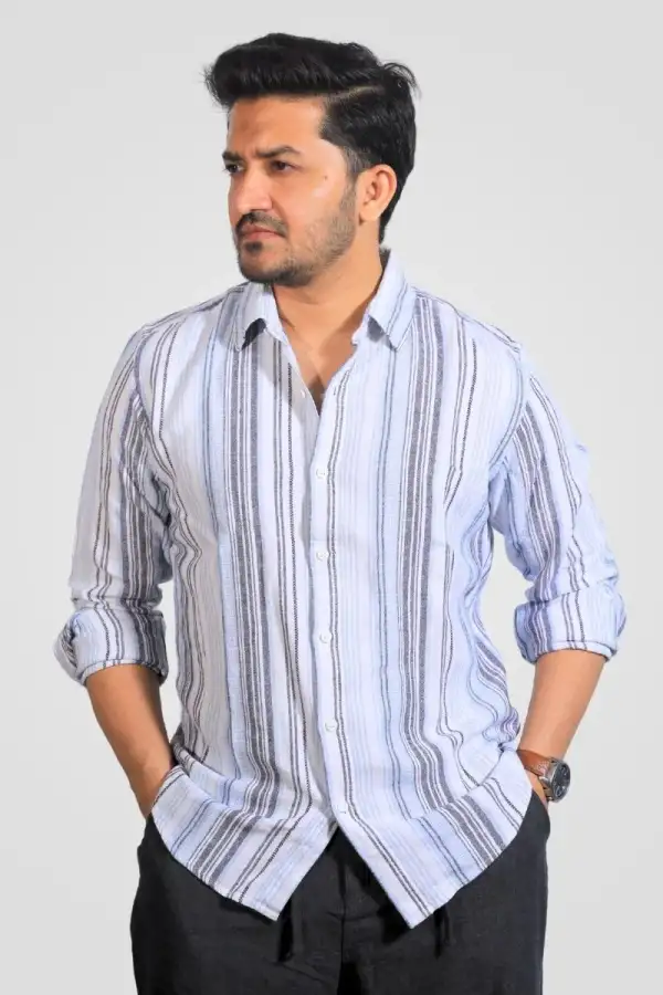 Beige White Blue Stripes Classic Fit Shirt