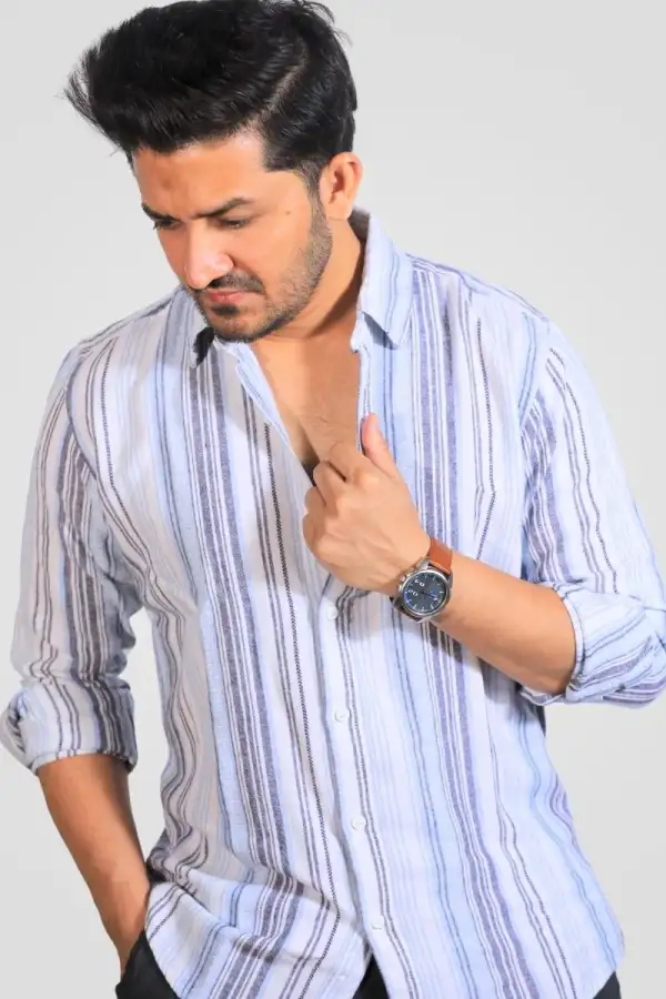 Beige White Blue Stripes Classic Fit Shirt