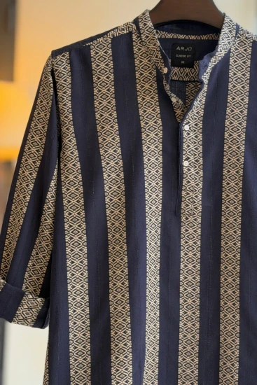 Deep Navy Blue With Ivory Geometric Embroidery Katua