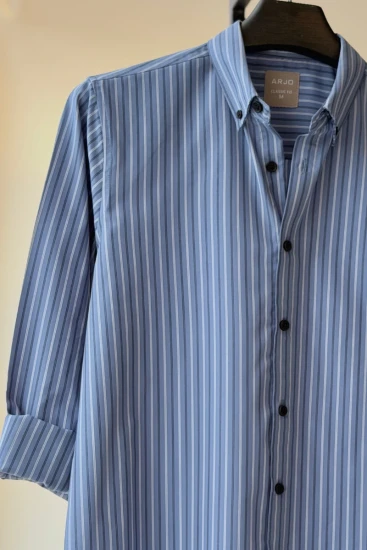 Light Blue With Thin White And Dark Blue Vertical Stripes Shirt