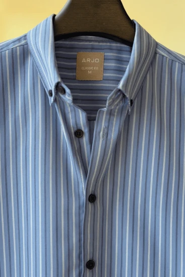 Light Blue With Thin White And Dark Blue Vertical Stripes Shirt
