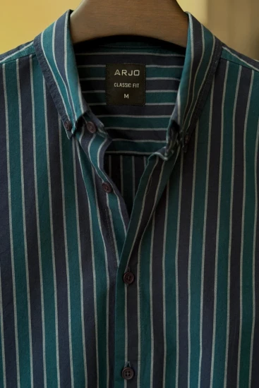 Dark Navy Blue With Thin White Vertical Stripes Shirt