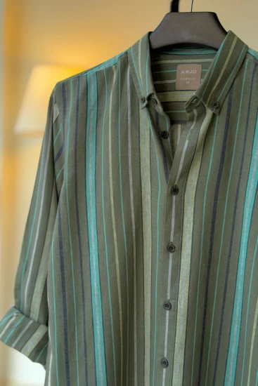 Olive Green With Off-White And Dark Navy Vertical Stripes Shirt