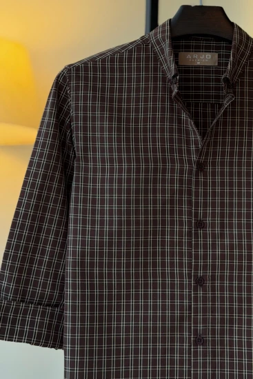 Chocolate Brown With Black And Cream Windowpane Check Pattern Shirt