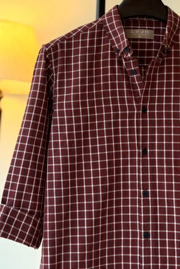 Rust Maroon With White And Navy Windowpane Check Shirt