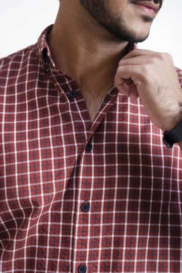 Rust Maroon With White And Navy Windowpane Check Shirt