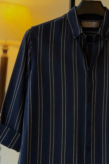 Navy Blue With White And Brown Stripes Shirt