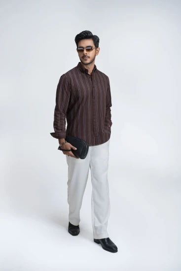 Dark Brown With Blue And Beige Stripes Shirt