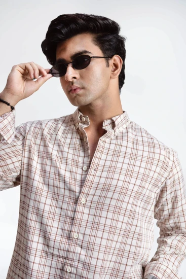 Light Beige With Burgundy Check Shirt