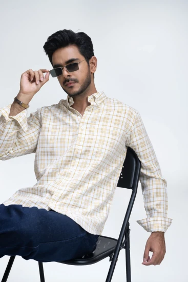 Ivory White With Mustard Yellow Check Shirt