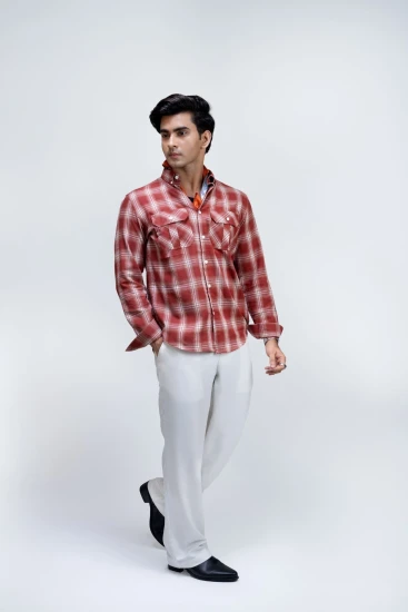 Burgundy White And Beige Plaid Check Double Pocket Shirt