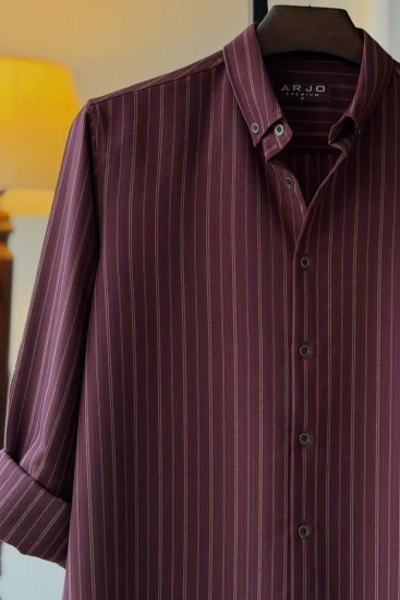 Deep Maroon with Golden Brown Stripes Premium Shirt