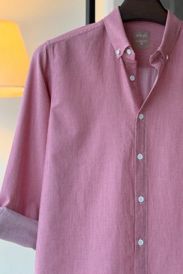 Flamingo Pink with Maroon & White Micro Check Shirt