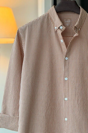 White with Caramel Brown Micro Check Seersucker Shirt