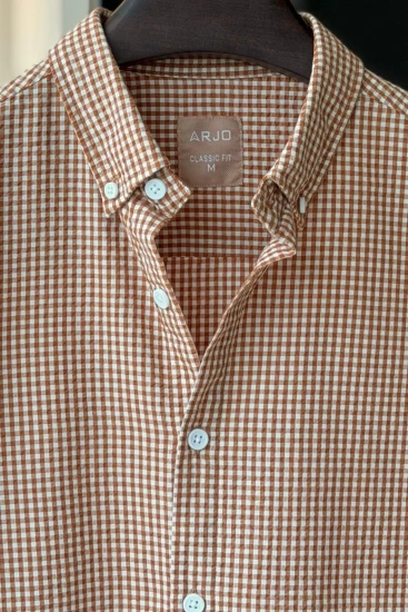 White with Caramel Brown Micro Check Seersucker Shirt