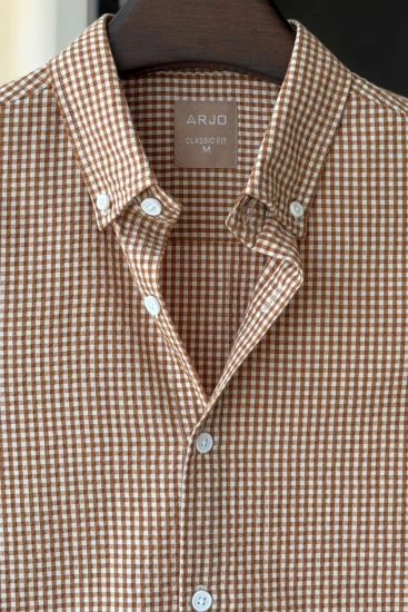 White with Caramel Brown Micro Check Seersucker Shirt