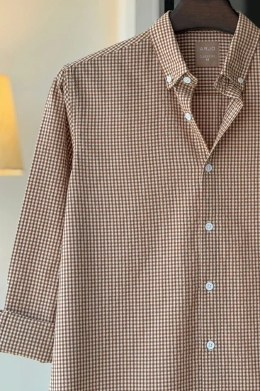 White with Caramel Brown Micro Check Seersucker Shirt