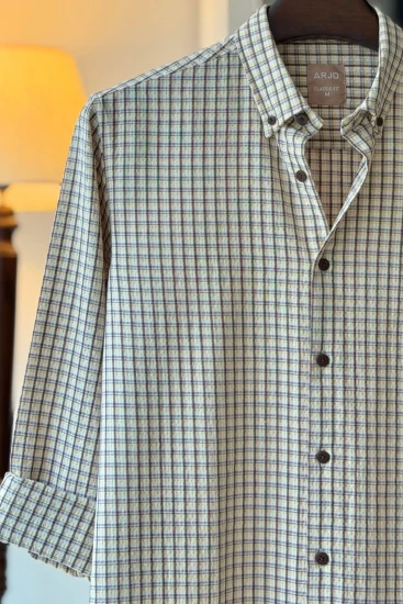 Light-Beige, White, Gray, Lemon-Yellow & Chocolate Plaid Shirt