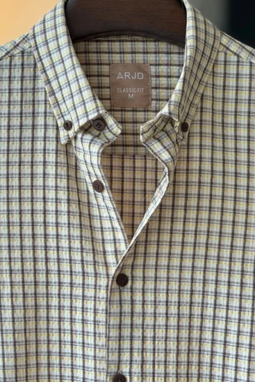 Light-Beige, White, Gray, Lemon-Yellow & Chocolate Plaid Shirt
