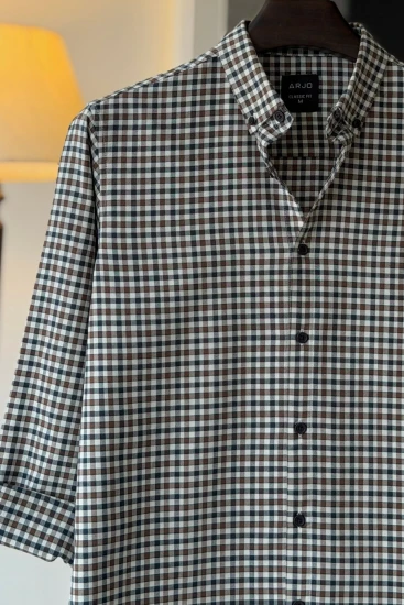 Off-White, Navy Blue & Olive Brown Micro Check Shirt