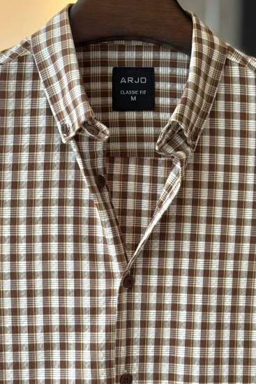 Light Chocolate, White & Light Yellow Check Textured Stripes Shirt