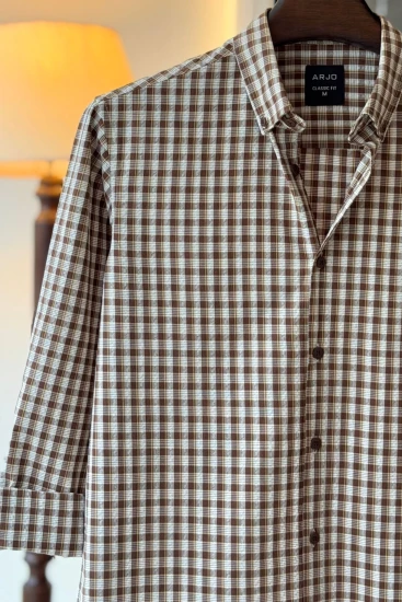 Light Chocolate, White & Light Yellow Check Textured Stripes Shirt