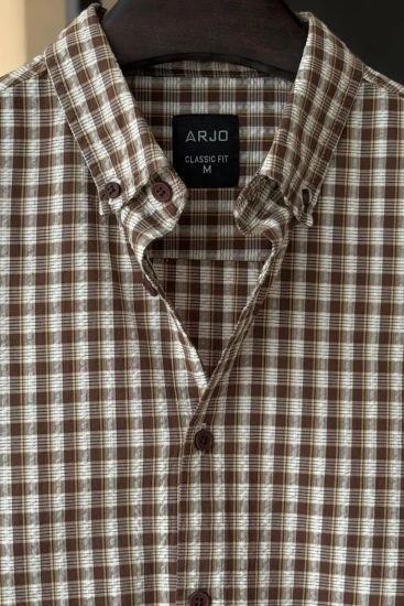 Light Chocolate, White & Light Yellow Check Textured Stripes Shirt