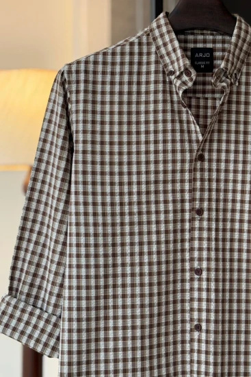 Light Chocolate, White & Light Yellow Check Textured Stripes Shirt