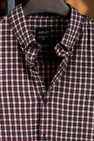 Black, Red, Off-White & Olive Brown Plaid Shirt