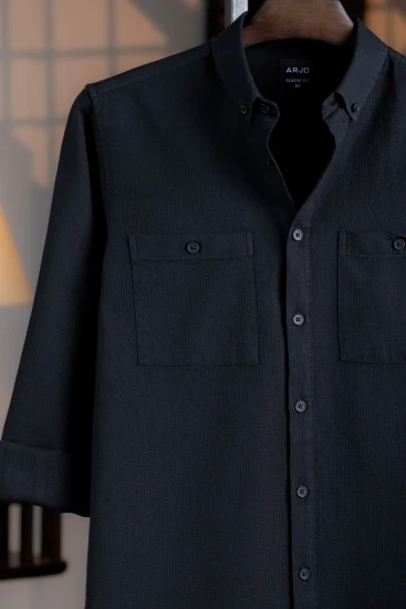 Black Waffle Textured Double Pocket Shirt
