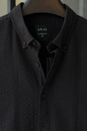 Black with Seersucker Stripes & Mesh Textured Shirt