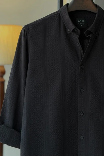 Black with Seersucker Stripes & Mesh Textured Shirt