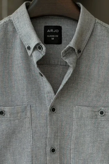 White & Iron Gray Waffle Textured Double Pocket Shirt