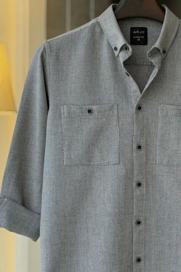 White & Iron Gray Waffle Textured Double Pocket Shirt