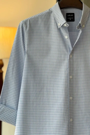 White with Navy & Sky Blue Check Shirt